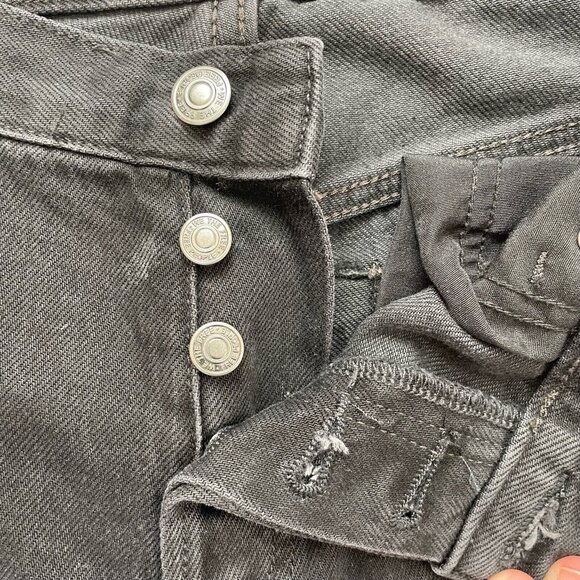 Free People Destroyed Straight Jeans 25 Distressed Black Denim High Rise Raw Hem - Picture 6 of 12